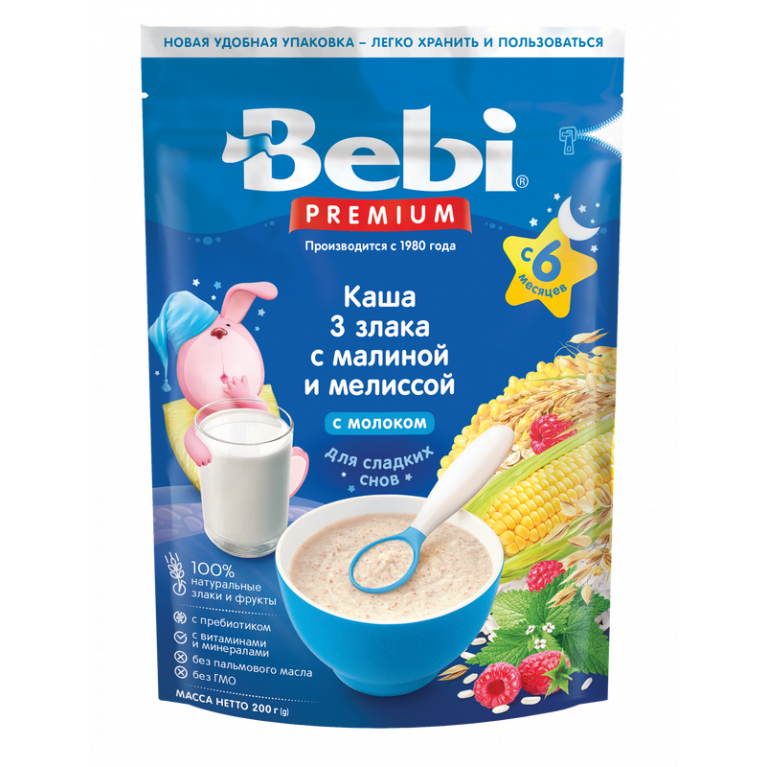 Беби премиум каша молочная 200 г/3 злака с малиной и мелиссой/