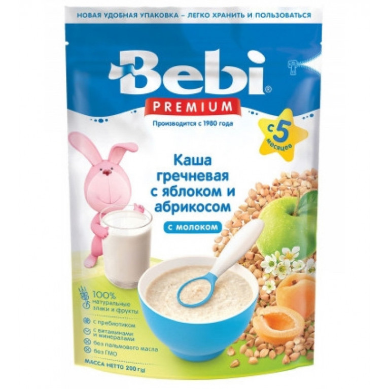 Беби премиум каша молочная 200 г/гречневая с яблоком и абрикосом/