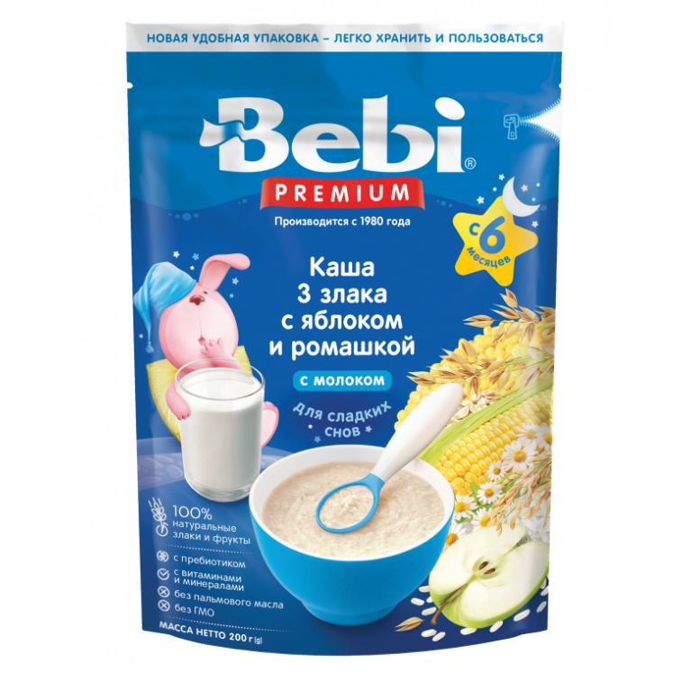 Беби премиум каша молочная 200 г/3 злака с яблоком и ромашкой/