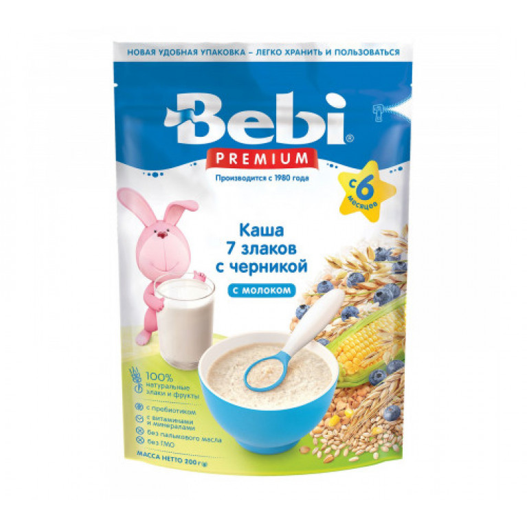 Беби премиум каша молочная 200 г/7 злаков с черникой/