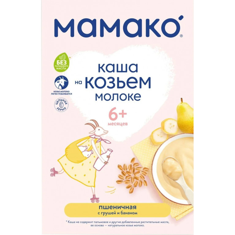Мамако каша на козьем молоке 200 г/пшеничная с грушей и бананом/