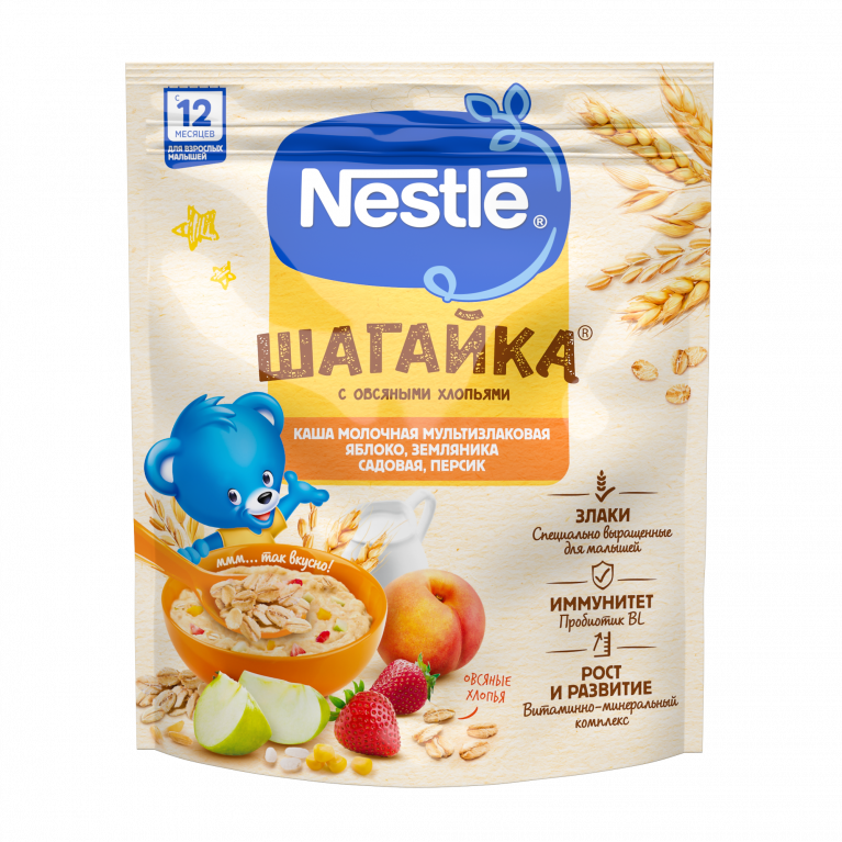 Нестле Шагайка каша молочная 190г/мультизлаковая яблоко,земляника,персик/