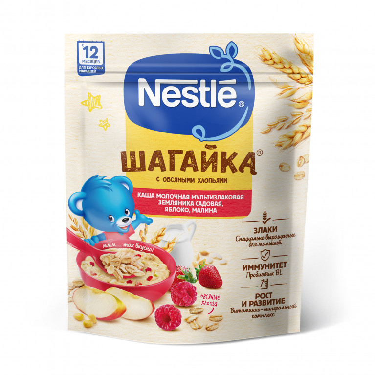 Нестле Шагайка каша молочная 190г/мультизлаковая земляника,яблоко,малина/
