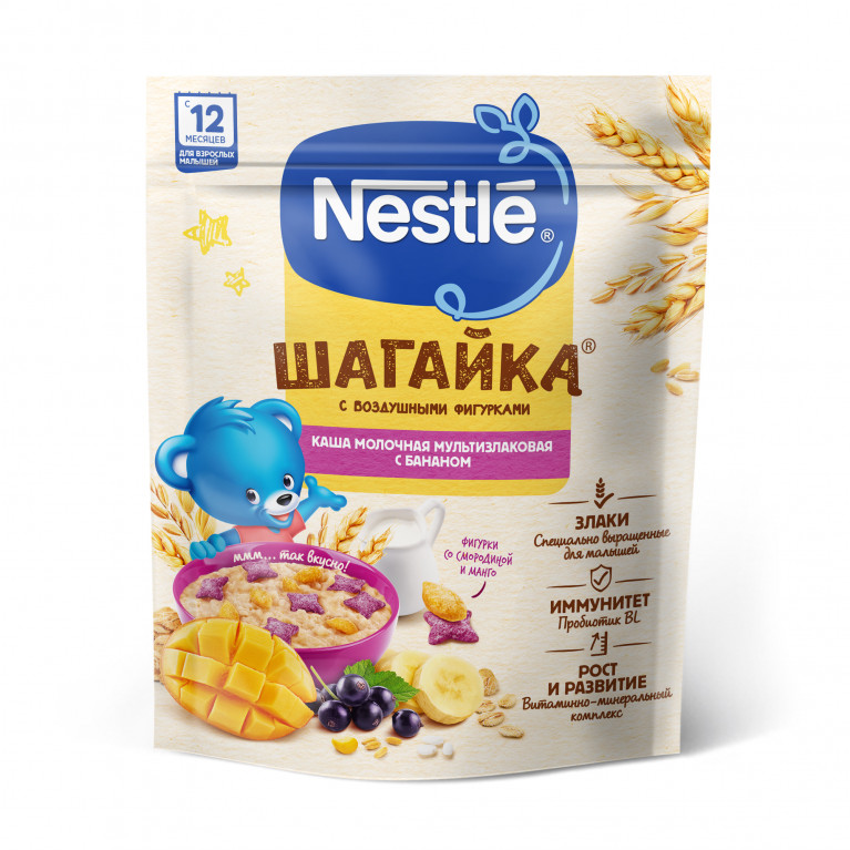 Нестле Шагайка каша молочная 190 г/мультизлаковая банан/
