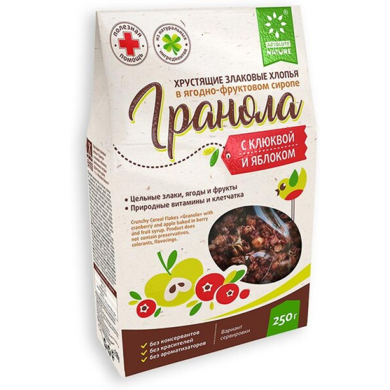 Гранола хрустящие хлопья 250 г/клюква и яблоко/