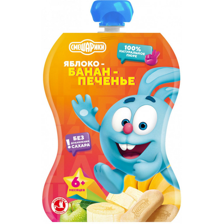 Маленькое счастье пюре смешарики 85 мл/яблоко-банан со вкусом печенья/